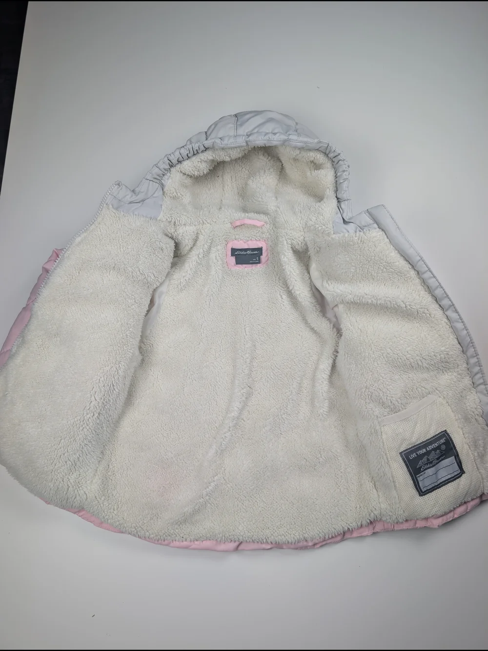 Eddie Bauer Girls Puffer Jacket Pink Gray Sherpa Lined Hooded Sz 5 Excellent